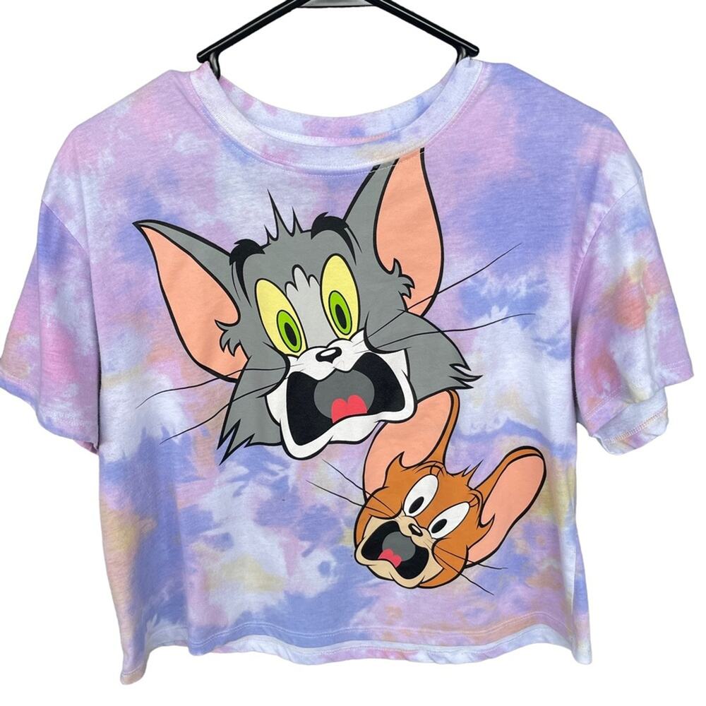 Tom and Jerry Shirt‎ Womens Medium Cropped Tie Dye Cartoon Short Sleeve